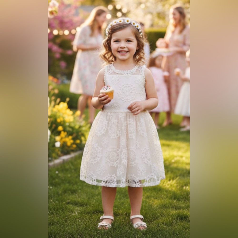 BTween Girl’s Sz 4 Rustic Boho‎ Ivory Lace Dress Neutral Party Formal Causal